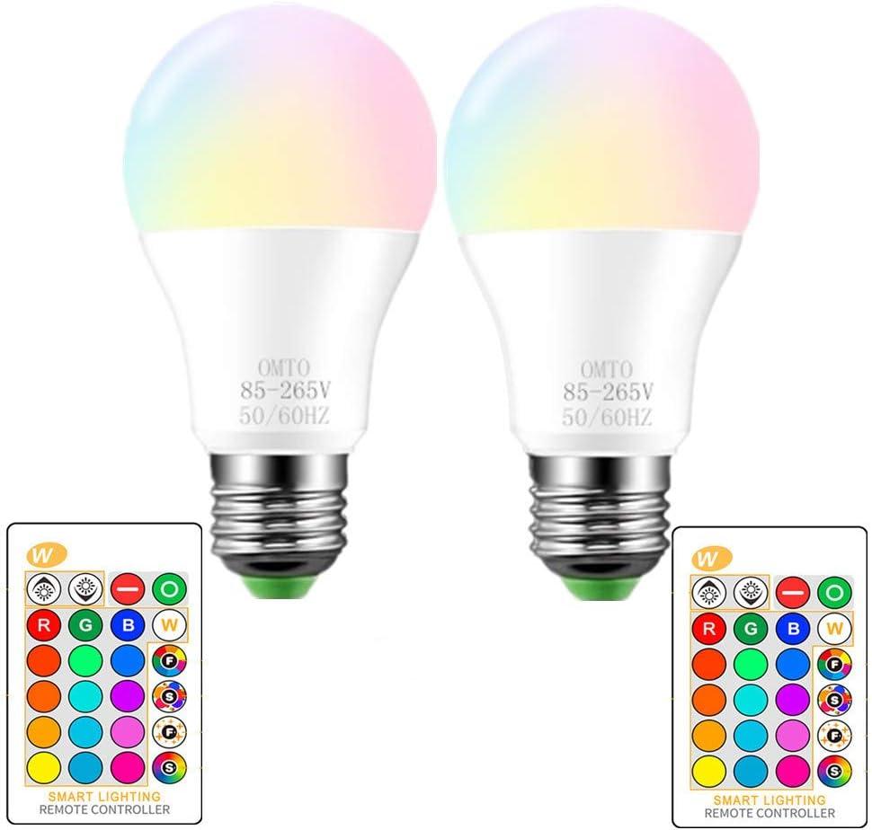 RGBW Color Changing LED Light Bulbs, A19 E26 Screw Base IR Remote Control Dimmable with Memory Function 60W Equivalent for Home Decoration Stage Bar Party (RGB+Daily Lighting, 2-Pack)