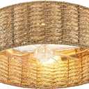 Boho Ceiling Fans with Lights Enclosed Rattan Fandelier with Lights and Remote Low Profile Flush Mount Wicker Caged Ceiling Fan for Bedroom, Kitchen, Living Room