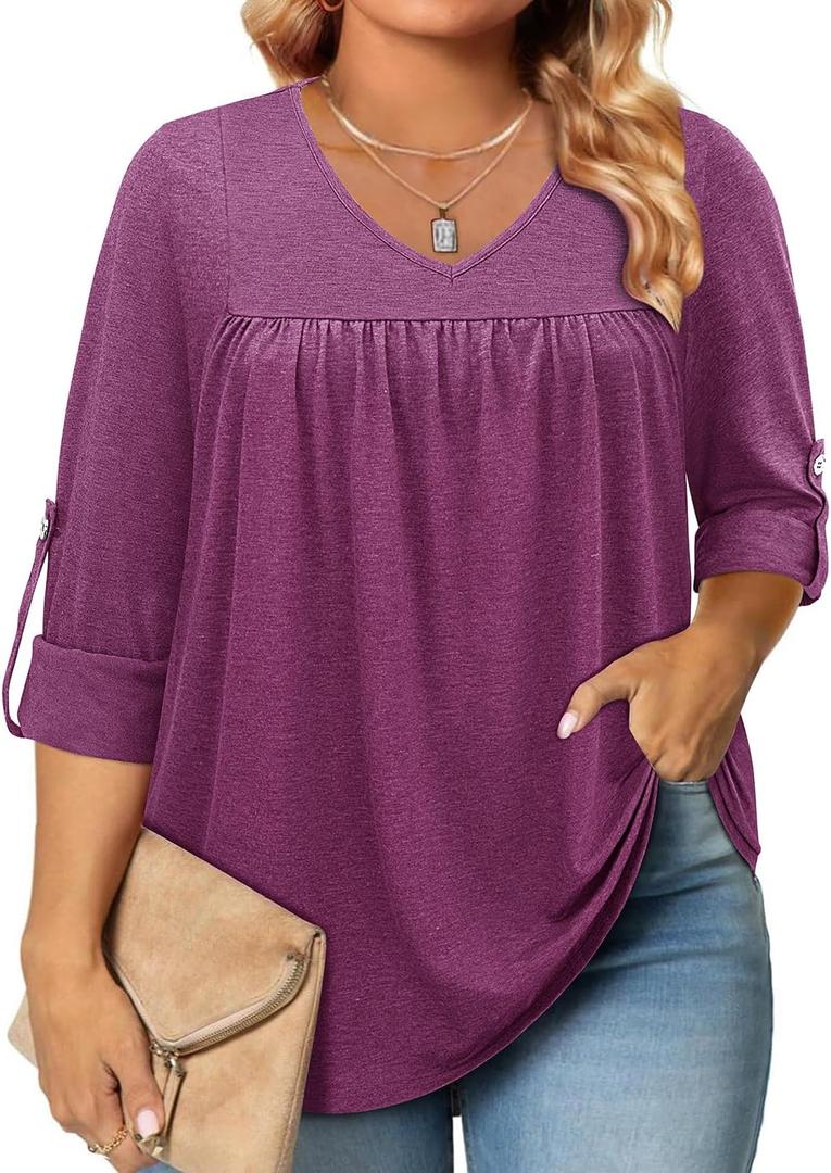Siddhe Plus Size Women's 3/ 4 Sleeve Tops, Plus Size Purple Blouses for Women Shirts Dressy Casual Purple Business Casual Outfits Tunic Tops, Wine Red, XXL