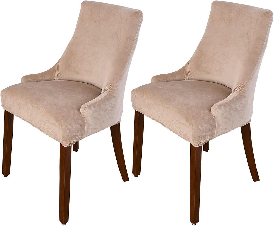 MIFXIN Velvet Wingback Chair Cover Slipcover Stretch Washable Arm Chair Protector Seat Cover for Dining Room Banquet Home Party Decor (Set of 2,Khaki)