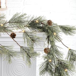 6.4FT Rustic Christmas Garland with Light, Pre-lit Outdoor with Pine Needles Cones for Fireplace Door Porch Mantel Centerpiece Xmas Decoration, Green (Dense Pine Needle)