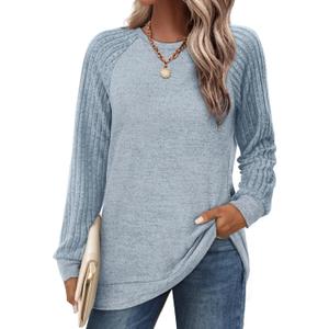 Saloogoe Tunic Sweatshirts for Women Crewneck Lightweight Sweaters Raglan Long Sleeve Shirts Fall Fashion Tops 2025 (Large, Blue)