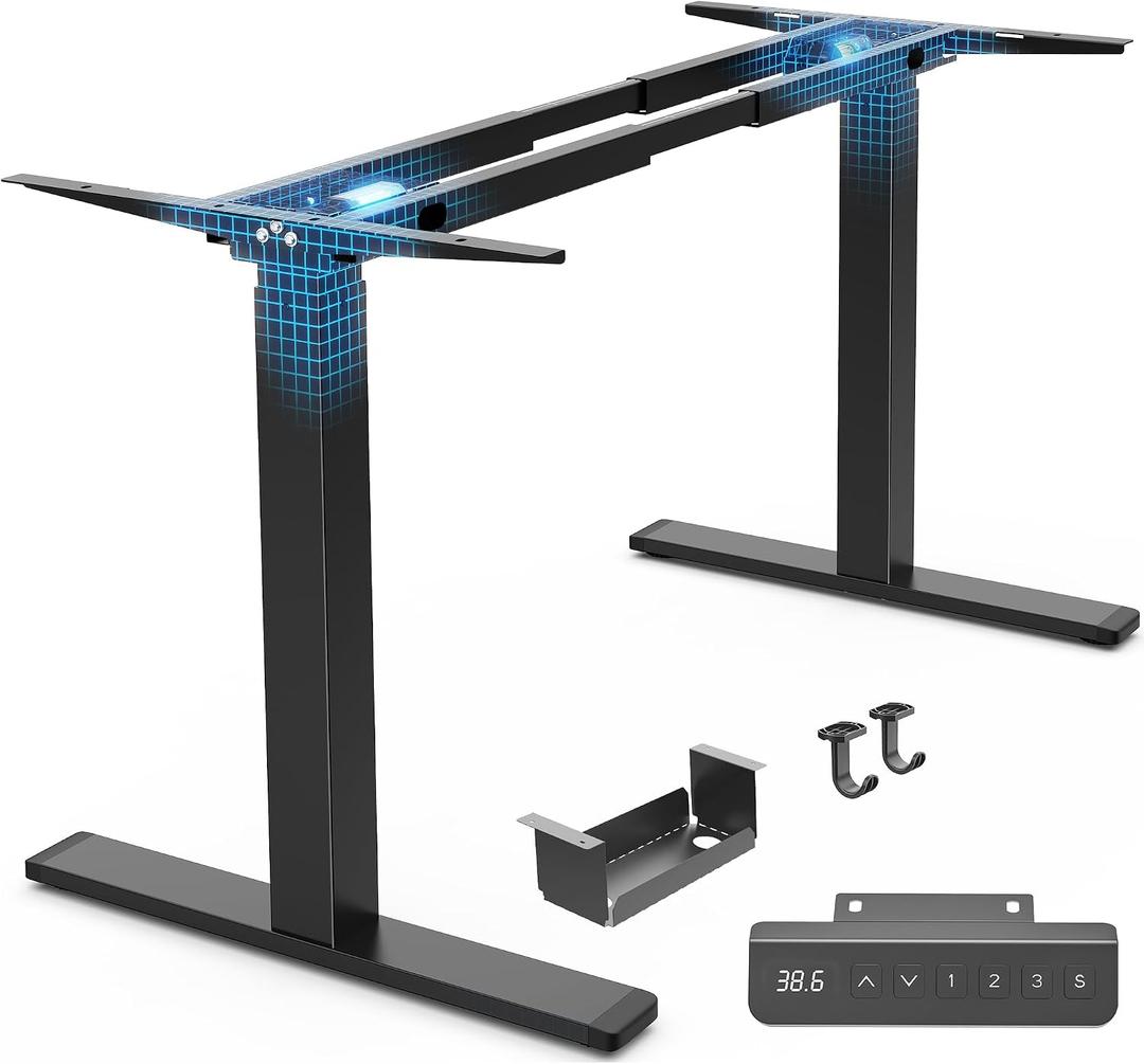 Huuger Dual Motor Electric Standing Desk Frame, Sit Stand up Desk Leg for 47.2 to 86.6 Desktop, Computer Desk Leg with Cable Tray, 3 Memory Height Presets, 2 Hooks, Black Frame Only, 33.09" L x 5.51" W x 28.4"-46.5" H