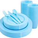 KIRE 150 Piece Blue Plastic Plates Disposable - Blue Dinnerware Set Includes 25 Dinner Plates, 25 Salad Plates, 25 Utensils Set 25 Clear Cups for Birthday/Picnic/Baby Shower/Easter/Spring