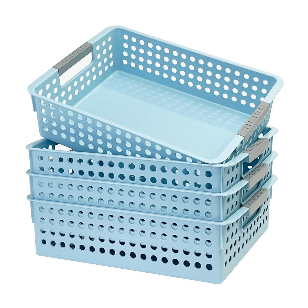 Soddeph 4 Pack Plastic Storage Basket with Handles, Wide Shallow Organizer Bin for Open-Top Desk and Drawer Organizer, Perfect for Snacks, Stationery (Blue)