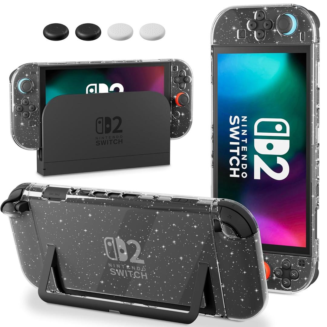 [Improve PC Hardshell Easy to Dock] Glitter Switch 2 Case Dockable, for Switch 2 2025 Protective Cover Crystal Clear Accessories Skin with Screen Protector & 4 Thumb Caps