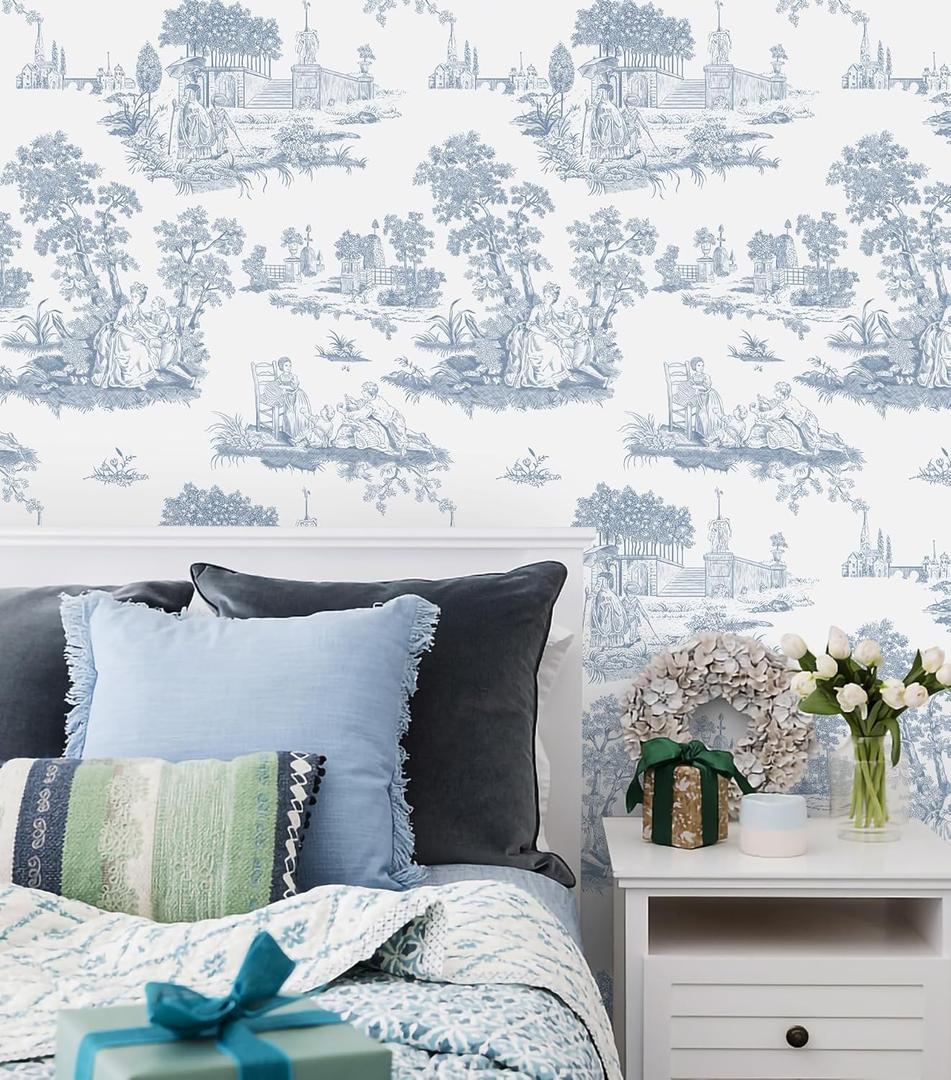 2 x Hopepak Blue Toile Peel and Stick Wallpaper Vintage Contact Paper Blue and White Self Adhesive Waterproof Removable French Contact Paper for Cabinets Bedroom Bathroom 17.3"x78.7"