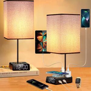 Table Lamps for Bedroom Set of 2 - Touch Bedside Lamp with Wireless Charger & 2 USB Charging Ports & 2 AC Outlets, Alarm Clock Base,Dimmable Nightstand Lamps with Square Fabric Shade for Living Room