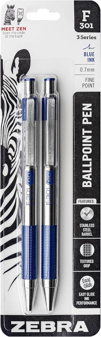 Zebra Pen F-301 Ballpoint Fine Point 0.7mm Stainless Steel Retractable Ballpoint 2-Pack Easy-Glide Ink, Non-Slip Grip, Metal Clip, Refillable with F-Refill, Professional Design (27112) + Crayola Erasable Colored Pencils (10ct), Assorted Kids Colored Pencils for Coloring Books, Back to School Essentials, Coloring Supplies for Classrooms, 6+