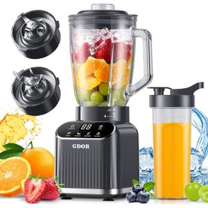 GDOR Professional Blender for Kitchen, 1200 Peak Watts Smoothie Blender, 5 Functions for Ice Crushing & Frozen Fruit, 52 Oz Glass Jar & 24 Oz To-Go Cup Combo, Self-Cleaning, Gray