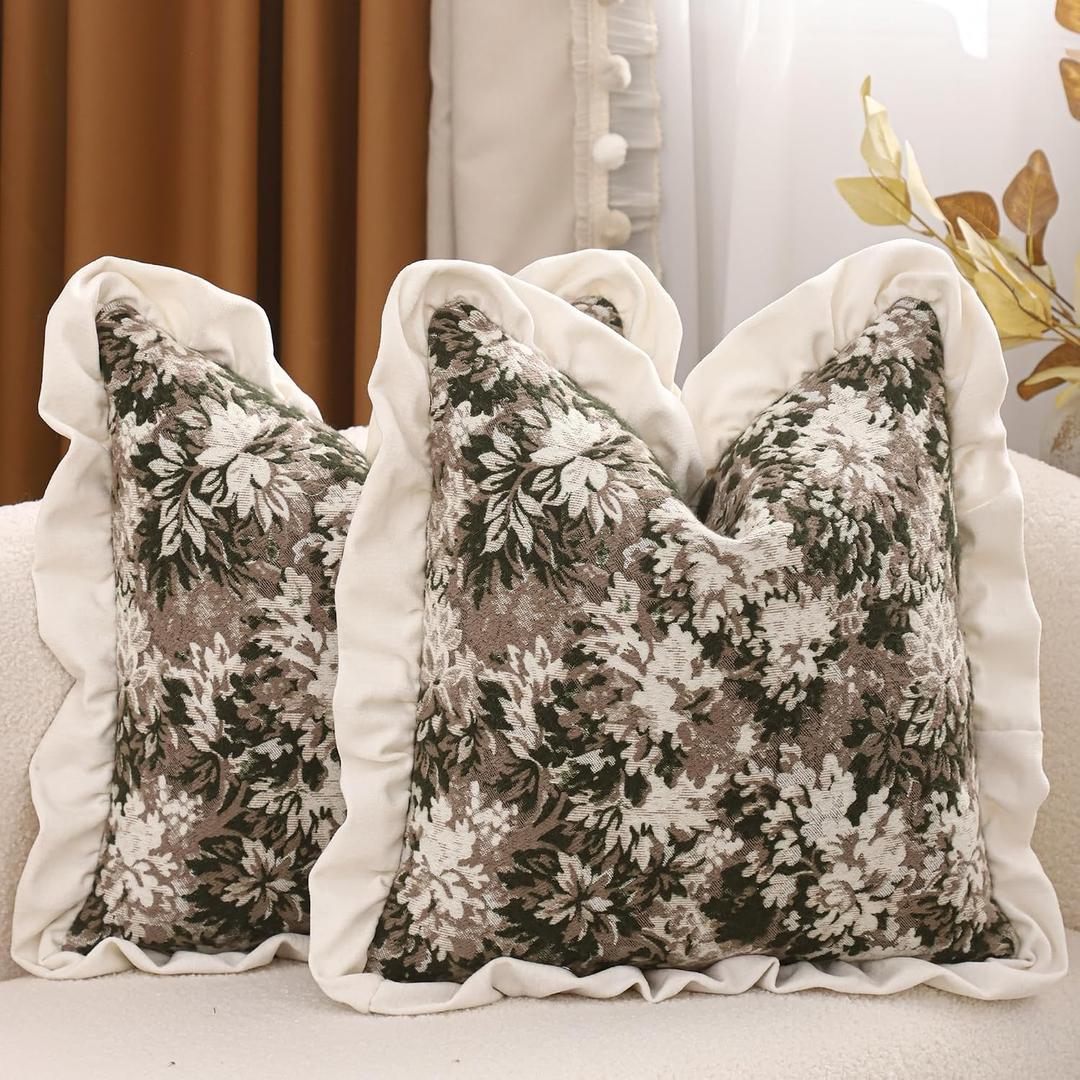 Fringe Ruffle Throw Pillow Covers 18x18 inch Pack of 2 Green Taupe