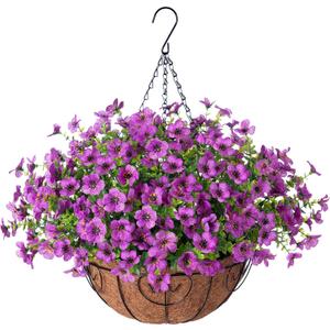 Ammyoo Artificial Faux Hanging Plants Flowers Basket for Spring Outdoor Decoration, Fake Silk Daisy UV Resistant Look Real with Eucalyptus Leaves Summer Outside Decor for Home Patio Garden