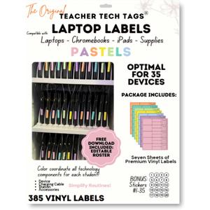 Classroom Color Coded Chromebook Laptop Labels for Student Classroom Devices (Pastel Colors, Qty for 35 Devices)