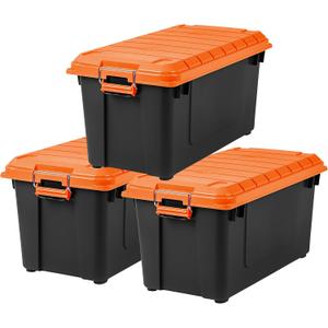 IRIS USA 21 Gallon Heavy-Duty Plastic Storage Bins, Store-It-All Container Totes with Durable Lid and Secure Latching Buckles, Garage and Metal Rack Organizing, Black/Orange, 3 Pack