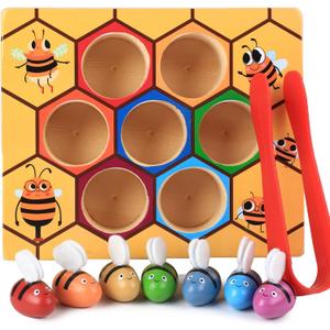 Toddler Fine Motor Skill Toy, Bee to Hive Matching Game, Montessori Wooden Color Sorting Matching Toy, Preschool Educational Learning Toys Gift for Toddler 3 Years Old