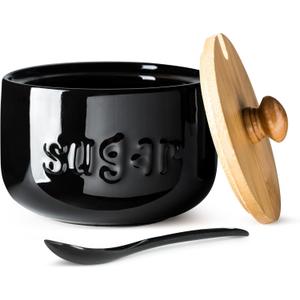 LYEOBOH Black Sugar Bowl with Lid and Spoon, 17 OZ Sugar Jar, Sugar Container for Coffee Bar, Ceramic Jar with Lid, Sugar Bowls for Countertop, Azucarera for Kitchen