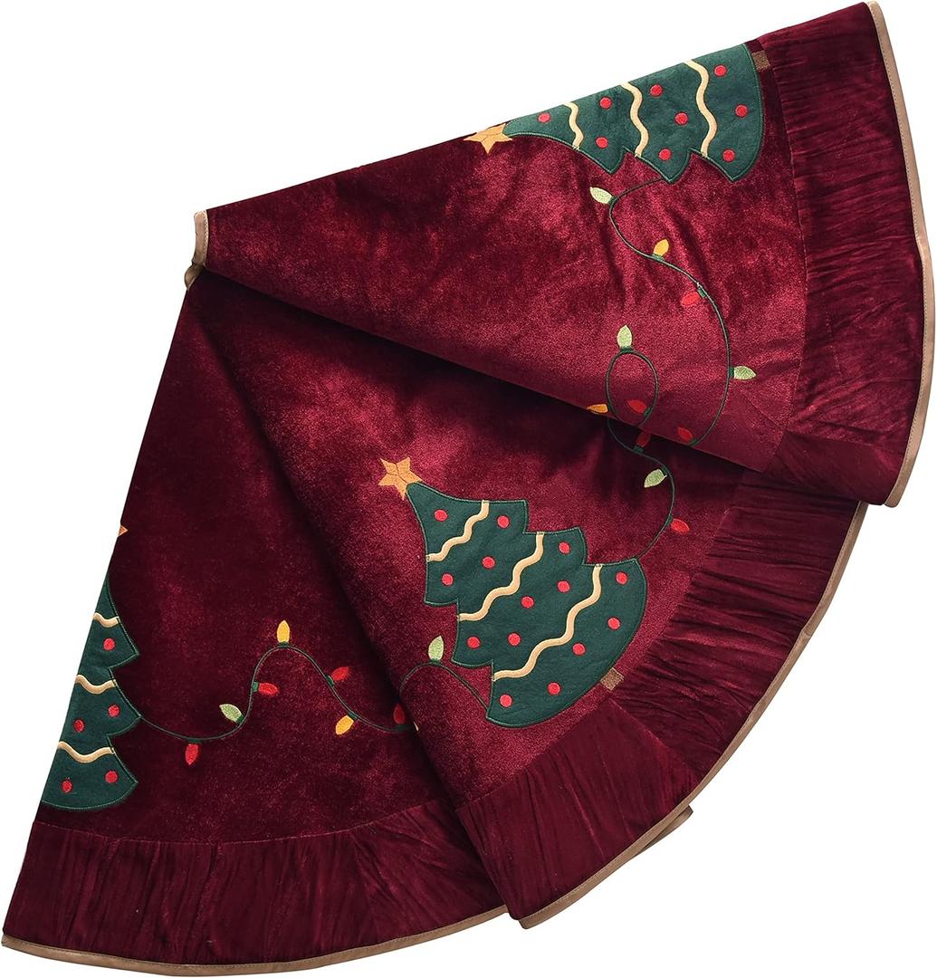 X.Sem Christmas Tree Embroidered Velvet Christmas Tree Skirt with Pleat Velvet Border 50'' Dark Red (Dark Red, 50 inch)