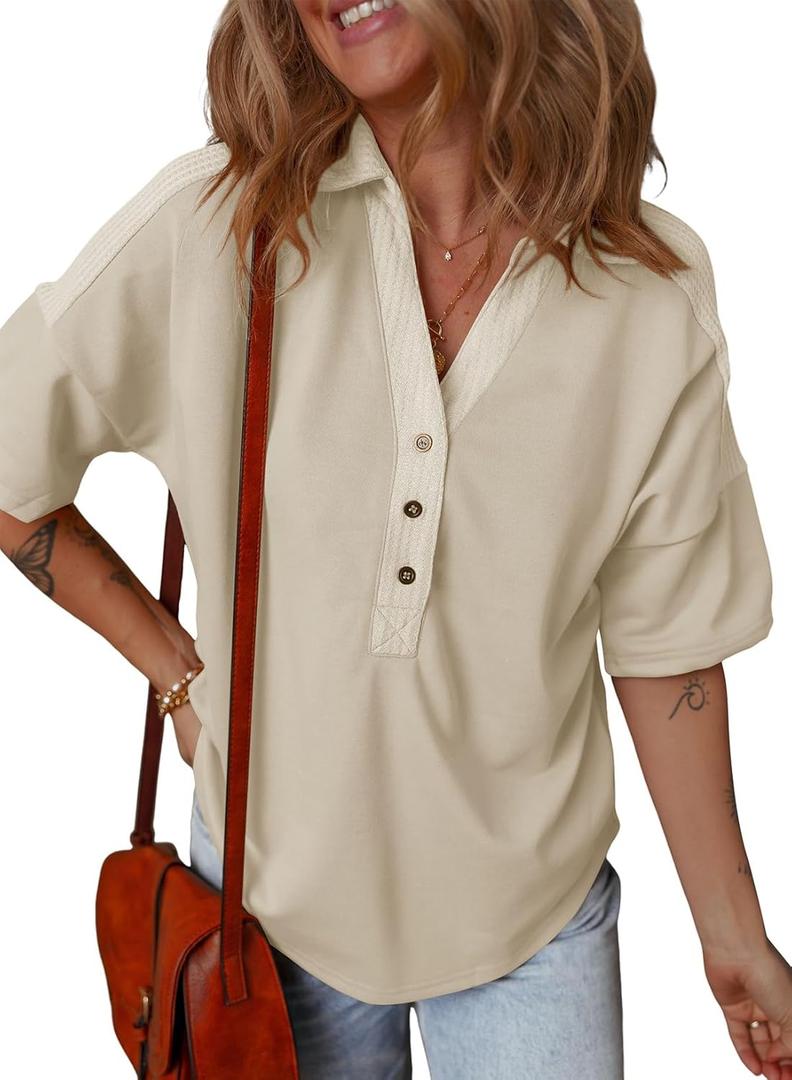 Dokotoo Womens Summer Shirts Casual Short Sleeve 1/4 Button Solid Collar Neck Curved Hem Pullover Sweatshirts Tops (Beige, S)