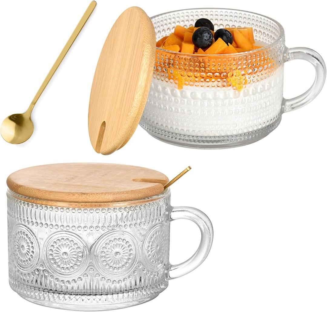 Vintage Glass Coffee Mugs 2Pcs 14oz Overnight Oats Containers with Bamboo Lids and spoon, Glass Tea Cups, Coffee Bar Accessories, Ideal Birthday, Holiday Gifts for Women