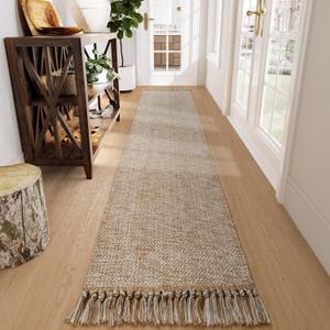 Collive Washable Carpet Runners for Hallway 12ft, Boho Long Rugs for Kitchen Cotton Hand Woven Bedroom Runner Rug Tan/Cream Low Pile Natural Floor Carpet for Indoor Hall Entryway
