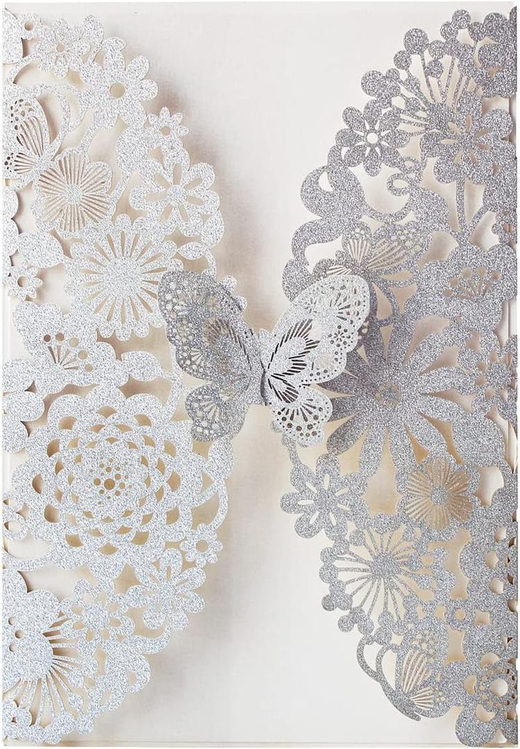 Hosmsua 5.12 x 7.3'' 50PCS Silver Laser Cut Butterfly Quinceanera Invitation Cards Lace Flora Weddding Invitations with Envelopes for Quinceaera Wedding Bridal Shower Invite (Silver Glitter)