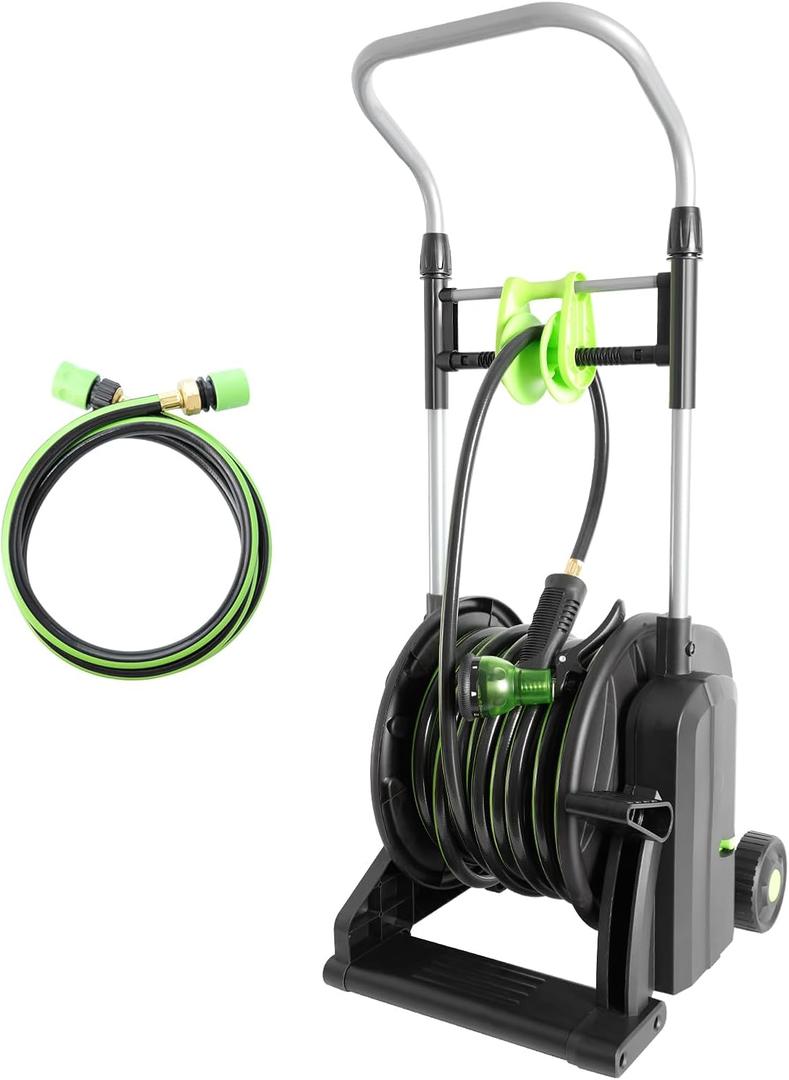 Pedal Hose Reel Cart with 82 ft of 1/2" Hose, Portable Water Hose Reel with Wheels, Garden Mobile Tools for Outside, Garden, Yard, Lawn (Black)
