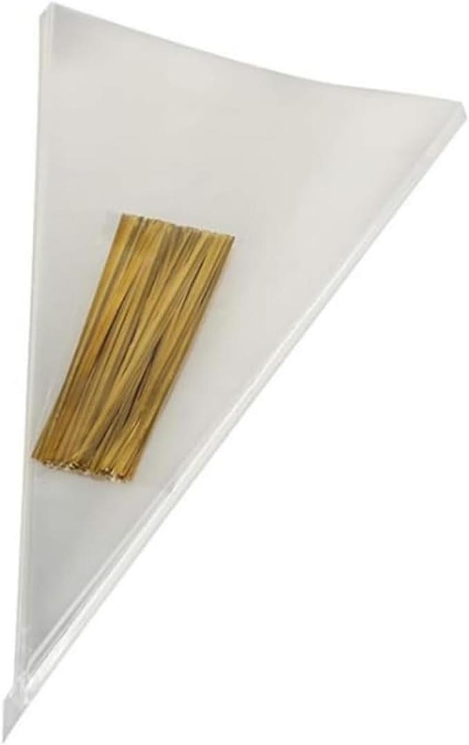 Muyindo 100 Pieces (7x15 Inch) Clear Cone Bags with Twist Ties for Candies, Cookies, Popcorn, Sweets, Chocolates and More; Perfect for Birthday, Wedding, Halloween, Christmas and Other Social Events,Pack Of 2