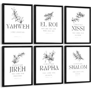 Christian Hebrew Names of God Wall Art Bible Verse Scripture Canvas Wall Decor Art Minimalist Jesus Pictures Modern Christian Poster Artwork Bible Verse Prints for Room 8x10 Inch Framed Set of 6