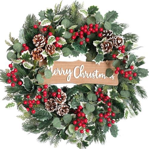 idyllic Christmas Wreath-22 Christmas Decoration Wreaths for Front Door Winter Spring Wreath with Pine Needles Eucalyptus Holly Leaves Pine Cones Red Berries for Indoor Outdoor Home Wall Decor