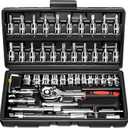 Egofine 46 Pieces 1/4 inch Drive Socket Ratchet Wrench Set, with Bit Socket Set Metric and Extension Bar for Auto Repairing and Household, with Storage Case