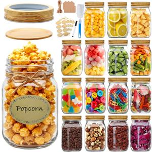16pack Mason Jars 16oz with Airtight Woodgrain Lids and Bands, Pint Canning Jars, Clear Glass Jars for Canning, Pickling, Meal Prep, Jam, Honey, Shower/Wedding Favors, Labels & Brush & Twine Included