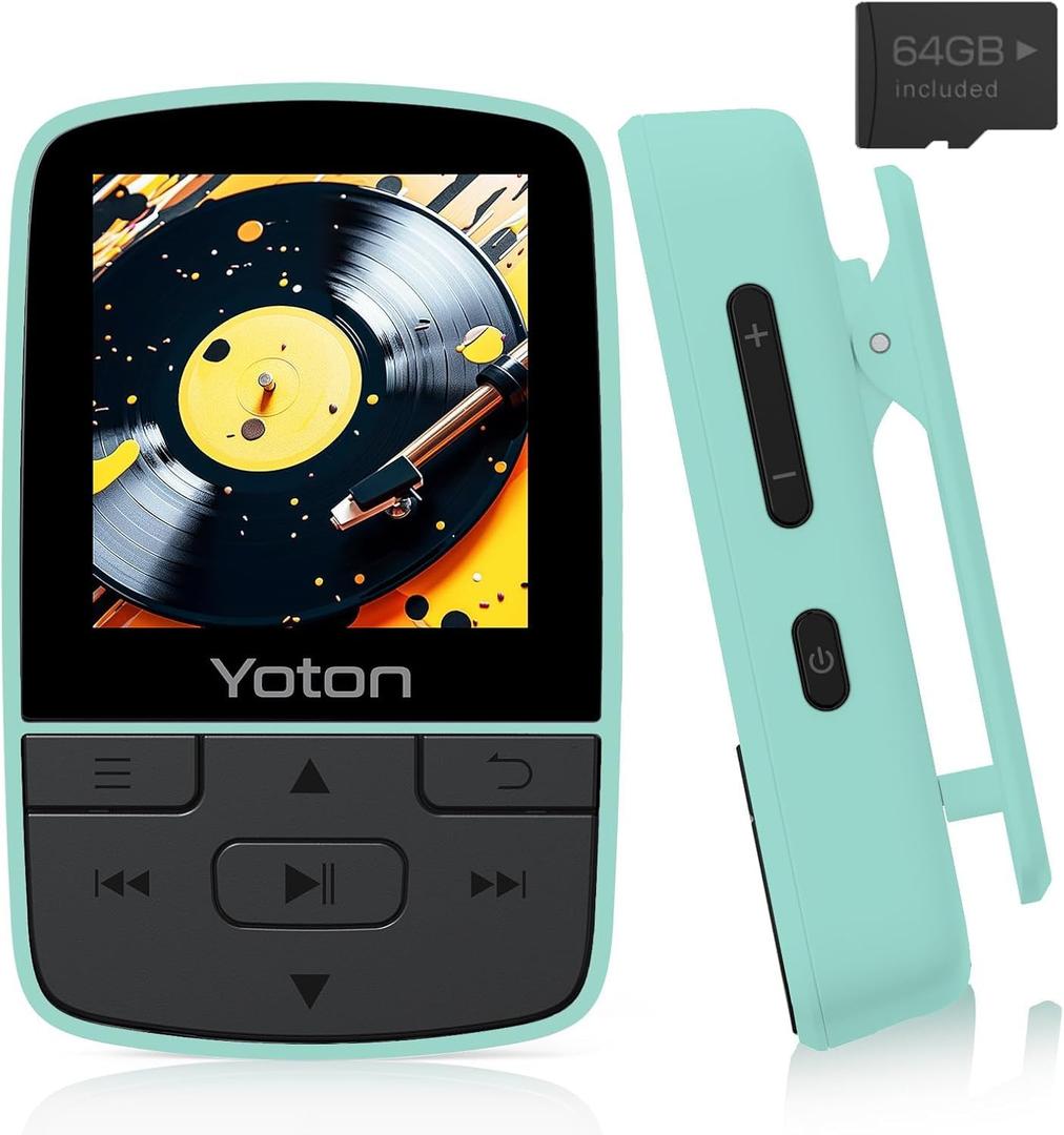 Yoton MP3 Player with Bluetooth 5.2, 64GB, HiFi-Music, with Sports Clip and Independent Volume Button, FM Radio, Earphones Included (Green)
