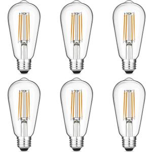 Vintage LED Edison Bulbs 6W, Equivalent 60W Incandescent, Warm White 2700K, ST58 Antique LED Filament Bulbs with 90+ CRI, E26 Medium Base, Dimmable, Clear Glass, Pack of 6 (6 Count (Pack of 1))