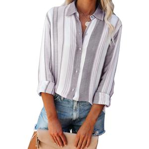 Linen Shirts for Women Button Down Shirts Long Sleeve Collared Blouses Striped Casual Work Tops Cowgirl Western Outfits (L)