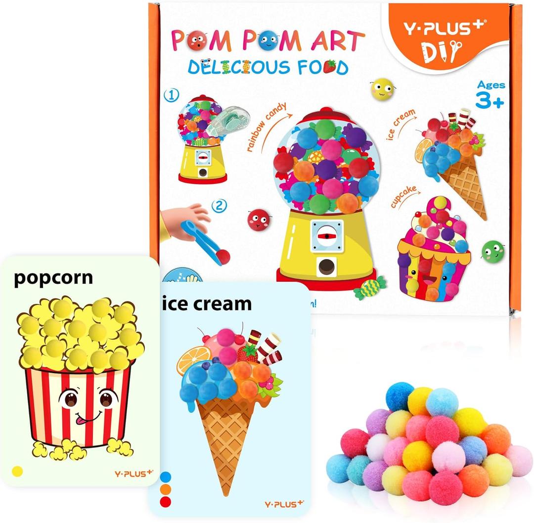 YPLUS Pompoms Art Crafts Kits, Toddler DIY Sensory Montessori Activities Box for Kids Ages 3+, Finger Motor Art Supplies - Theme Food