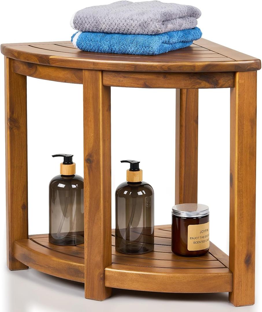 Teak Shower Stool, 18" Corner Shower Benches for Inside Shower Bathroom Wood Shower Seat with Storage Shelf Waterproof , Teak Wood