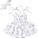 YOUNGER TREE Baby Girl Clothes Infant Summer Romper Dress Sleeveless Bodysuit Jumpsuit with Headband Toddler Outfits (White Blue Floral, 6-12 Months)