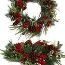 20 Inch Christmas Wreath for Front Door, Artificial Christmas Door Wreath with Pine Needle Holly Pine Cone Red Berry, Winter Snowy Xmas Wreath for Indoor Outdoor Wall Farmhouse Home Dcor