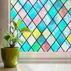 Stained Glass Window Film Rainbow Window Privacy Film 3D Decorative Static Cling Door Glass Decals Non Adhesive Removable for Home Office (29.5 X 157.5 in)