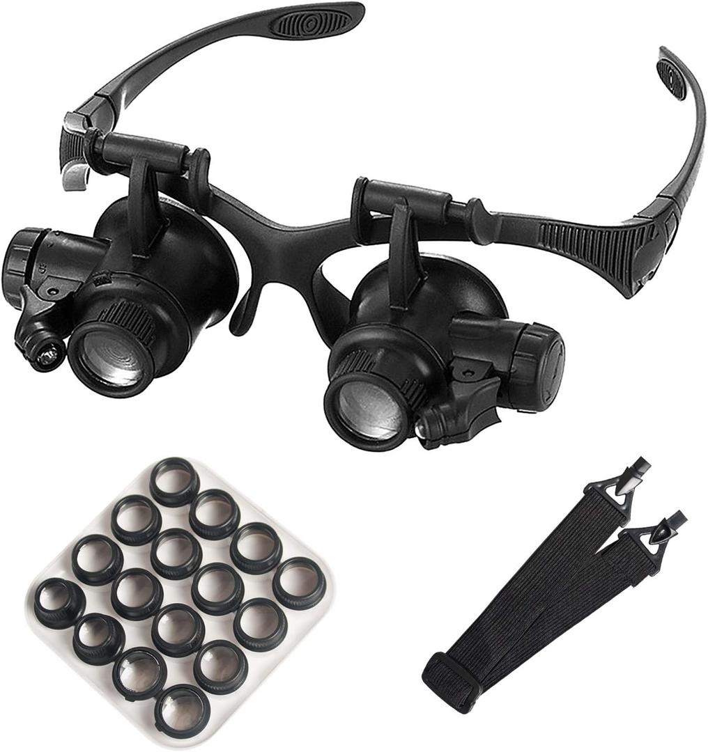 Head Mount Magnifying Glass with LED Light, Jewelers Loupe Magnifier with 8 Interchangeable Lens 2.5X/4X/6X/8X/10X/15X/ 20X/25X for Close Work/Electronics/Eyelash/Crafts/Jewelry/Repair