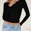 Falechay Long Sleeve Shirts for Women Sexy Backless Striped Tops Going Out T-Shirt Y2K Crop Womens Blouse Boat Neck Outfit (Black, S)