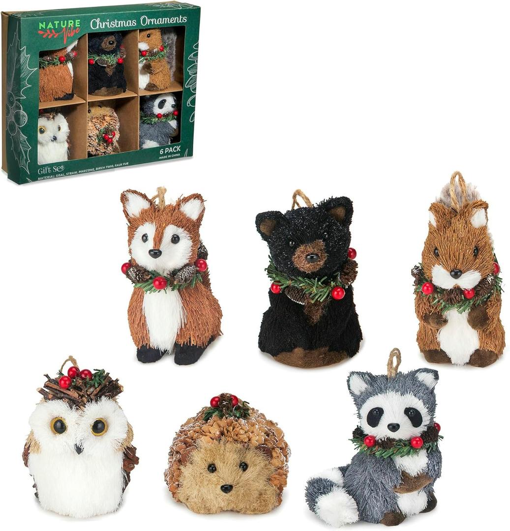 naturevibe Sisal Woodland Animals Christmas Tree Ornaments,Set of 6 Natural Forest Friends with Gift Boxes for Presents,Ornaments Animals as Rustic Home Decorations