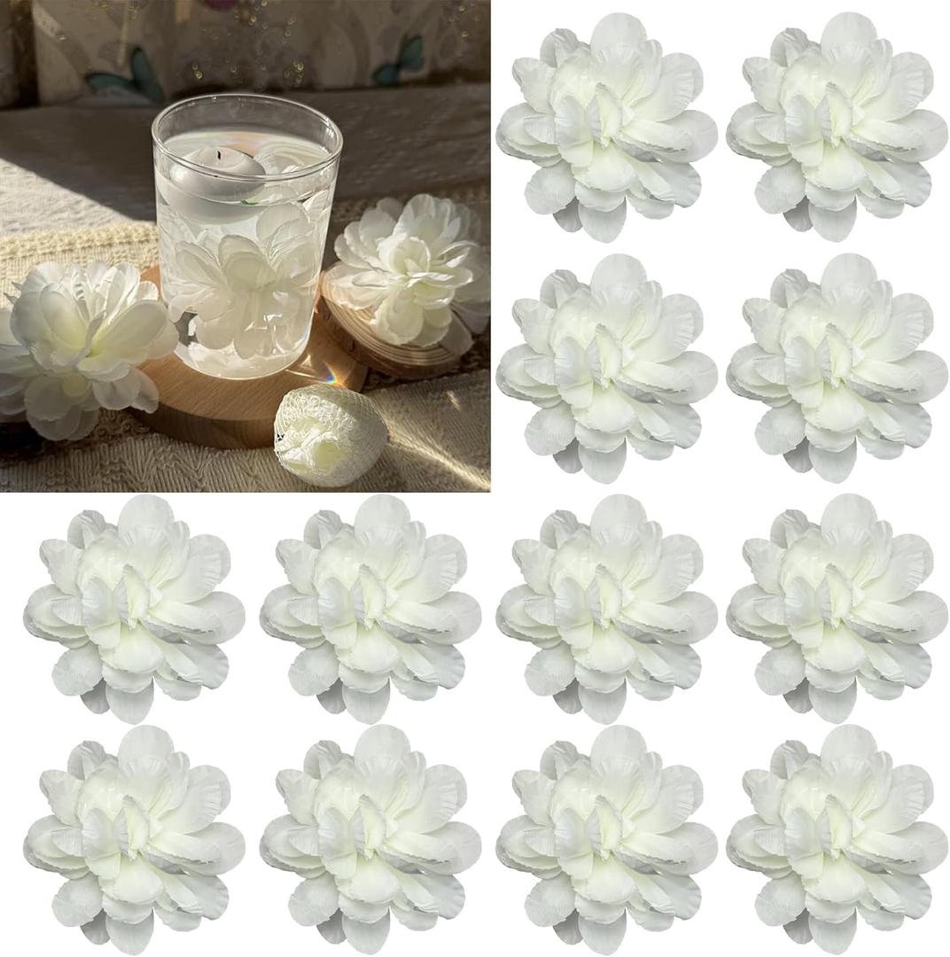 12 Pcs Floating Flowers for Floating Candle Centerpieces, Artificial Flower Heads Vase Filler for Wedding, Table, Party, Home Decor - Realistic Petal Design (White)