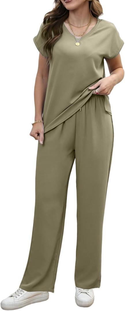 Women's Casual 2-Piece Set - Wide-Leg Pants & Batwing Sleeves (L)