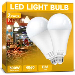 300W Equivalent LED Light Bulb, Super Bright 4060 Lumen Warm White 3000K, A23 E26 Medium Base 33 Watt LED Bulb for Garage Warehouse Workshop Backyard Patio Street Supermarket, 2-Pack