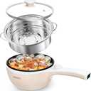 Dezin Hot Pot Electric with Steamer Upgraded, Non-Stick Saut Pan, Rapid Noodles Electric Pot, 1.5L Mini Pot for Steak, Egg, Fried Rice, Ramen, Oatmeal, Soup with Power Adjustment (Beige 2)