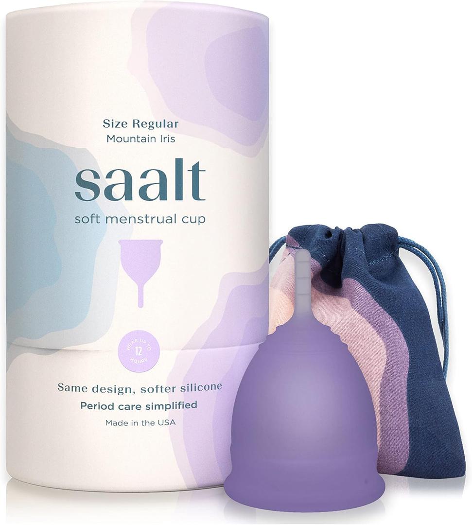 Saalt Soft Menstrual Cup  Reusable Period Cup  Made for Comfortable, Leak-Free Protection Up to 12 Hours  BPA & Latex Free  Includes Cup & Carry Bag (Regular, Mountain Iris)