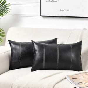 Fancy Homi 2 Packs Black Lumbar Faux Leather Decorative Throw Pillow Covers 12x20 Inch for Living Room Couch Bed Sofa, Boho Farmhouse Home Decor, Hand Stitched Rectangle Cushion Case 30x50 cm