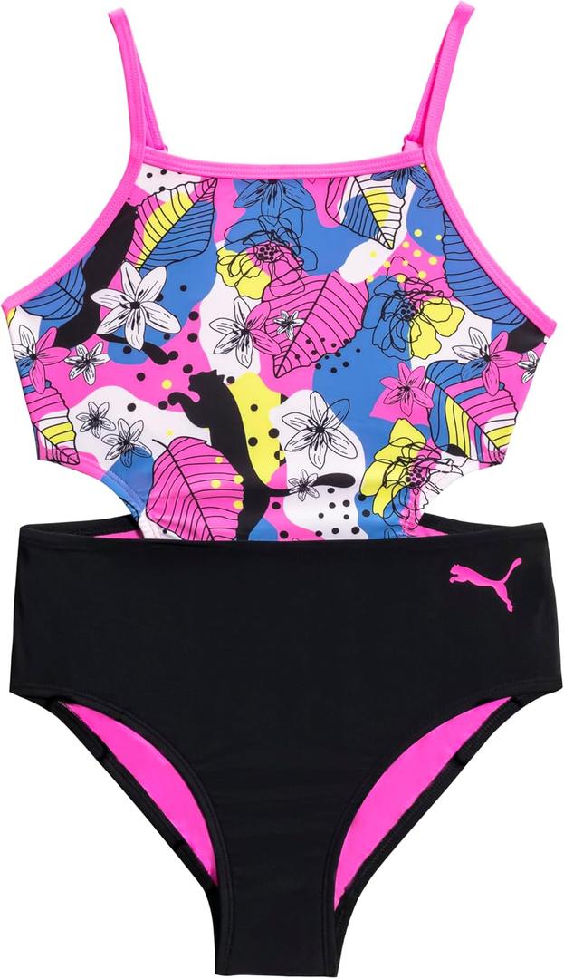 PUMA Girls' One Piece Bathing Suit, Athletic Swimsuit, Quick Dry, Day Dream (Pink, S)