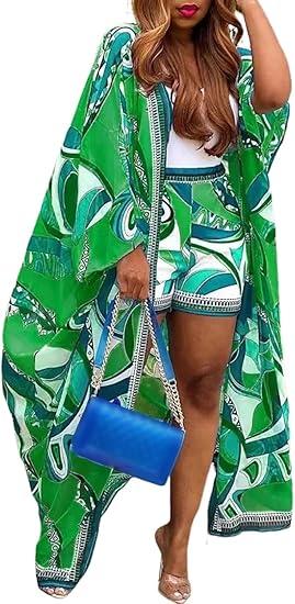QegarTop Kimono Shorts Set for Women 1Piece Summer Vacation Outfits Flowy Beach Cover up Duster,size XL